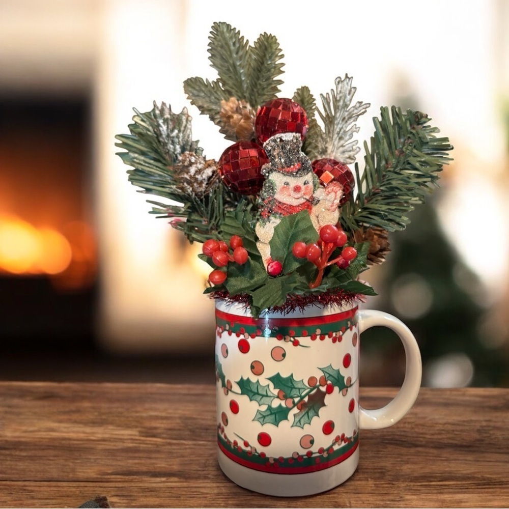 New OOAK Upcycled Vintage Mug Snowman Christmas Arrangement